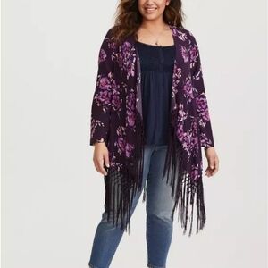 Torrid Purple Floral Fringe Open Front Quarter Length Sleeve Size 2X(18-20)